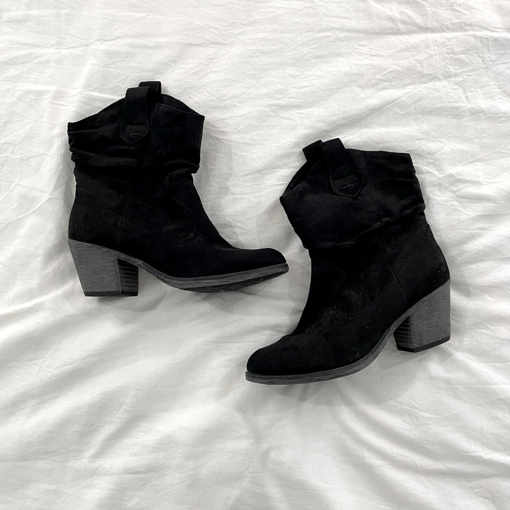 Black Suede Slouch Western Boots